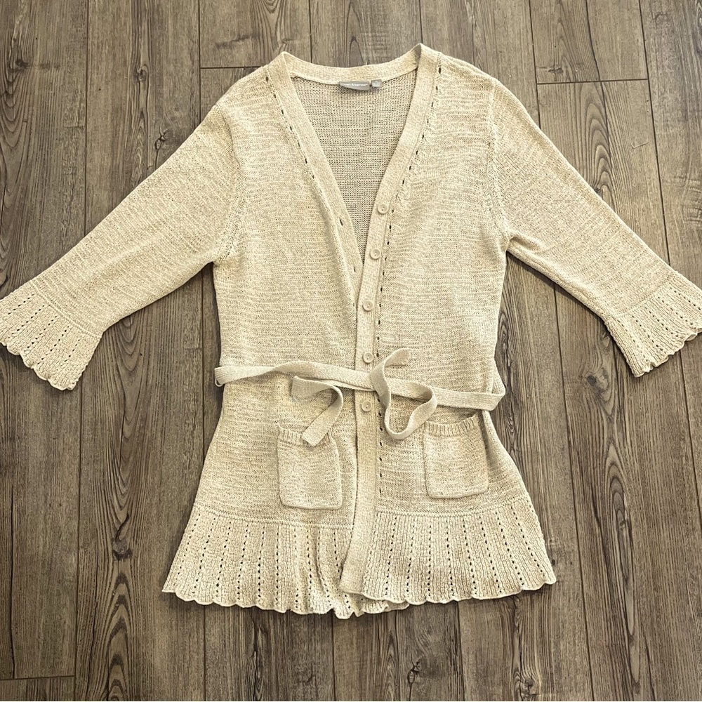 Xl knit beige cream oatmeal belted cardigan sweater